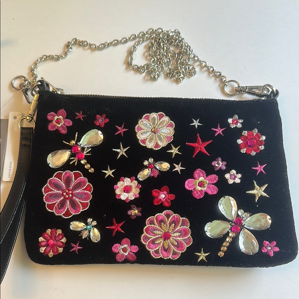 Embroidered Black Clutch with Floral Design